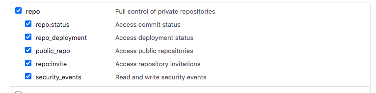 Create token configuration for github